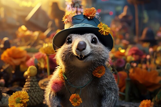 Día de la marmota 2 de febrero Punxsutawney Phil sombrero feliz y sonriente folclore superstición pronóstico del tiempo símbolo de la anticipación para el cambio de estaciones banner tarjeta de felicitación espacio de copia