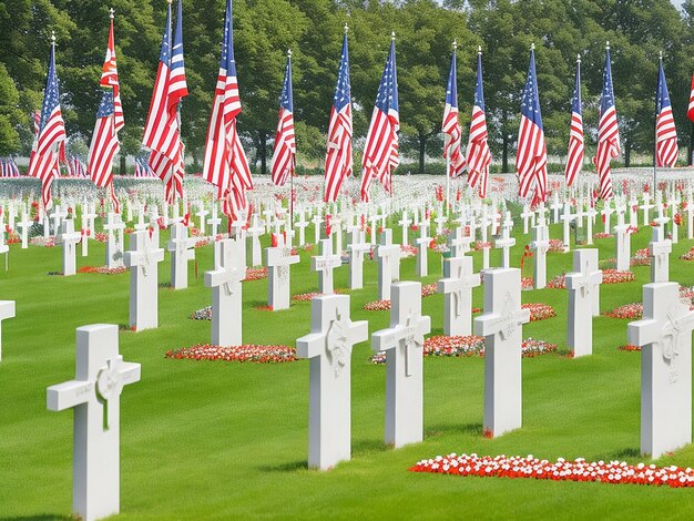Dia memorável da libertação no cemitério americano com cruzes brancas e bandeira holandesa na Holanda