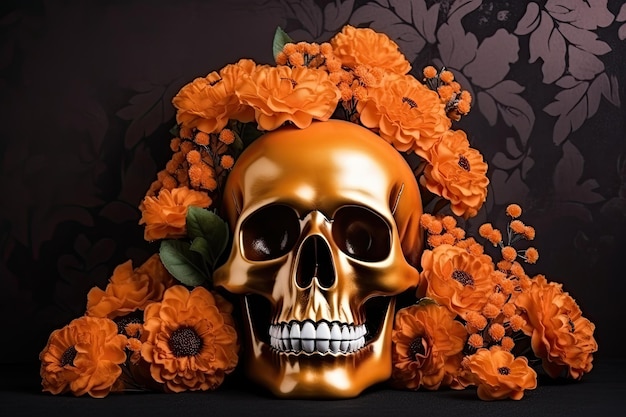 Día mexicano de los muertos de fondo con muchas flores de naranja IA generativa