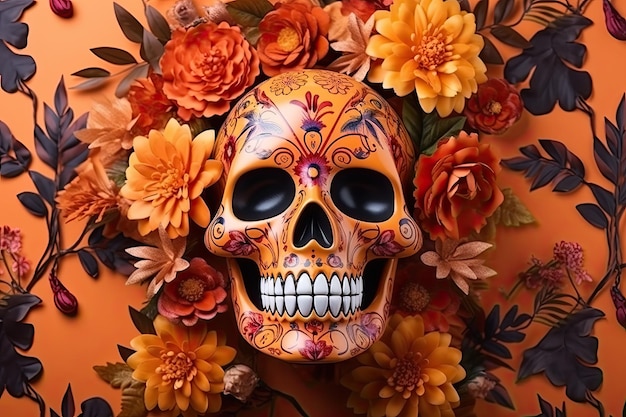 Día mexicano de los muertos de fondo con muchas flores de naranja IA generativa