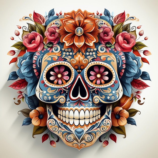 día de la muerte fondo aterrador cráneo de azúcar de estilo vintage adornado con flores multicapa realista