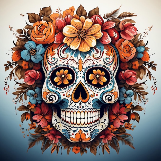 día de la muerte fondo aterrador cráneo de azúcar de estilo vintage adornado con flores multicapa realista