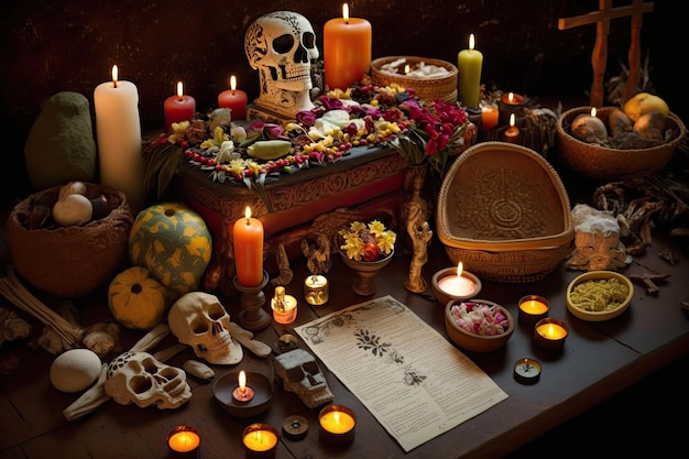 Día de muertos altar lleno de ofrendas a los difuntos