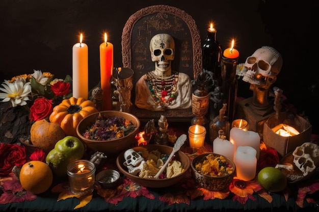 Día de muertos altar lleno de velas y ofrendas por los difuntos