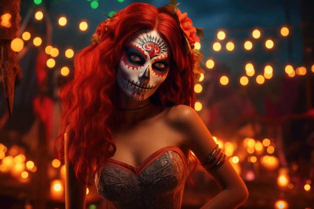 Día de los muertos belleza chica sonriente vistiendo un vestido de bikini posando en la noche calabazas de halloween