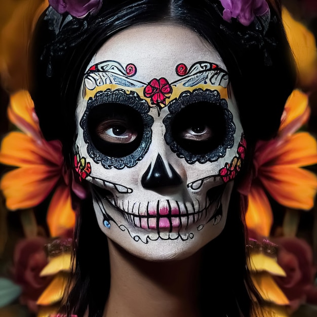 El día de los muertos Calavera Catrina Mujer con maquillaje tradicional de calavera de azúcar Ilustración 3D