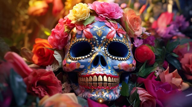 Día de muertos calavera colorida flor estilo mexicano