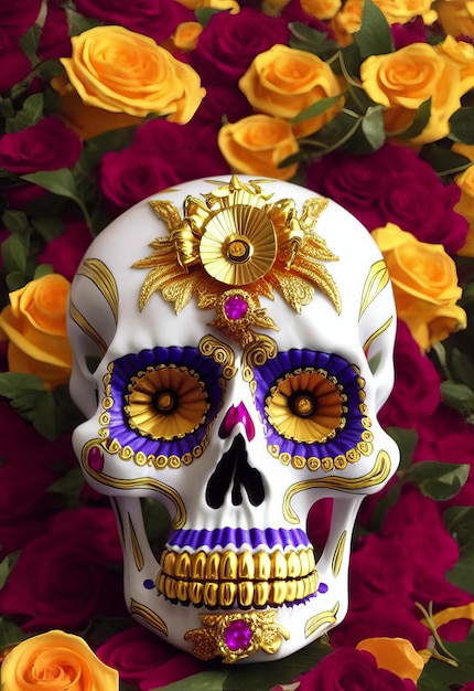 Dia de los muertos calavera tradicional calavera de azúcar decorada con flores el día de la ilustración muerta