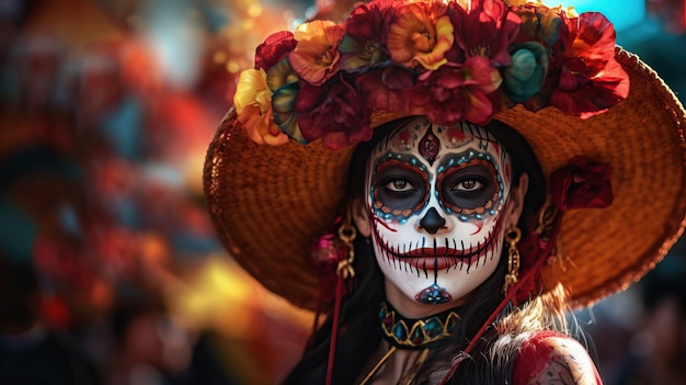 Día de los muertos carnaval mexicano conocido como Día de los Muertos con retrato de niña maxican vistiendo