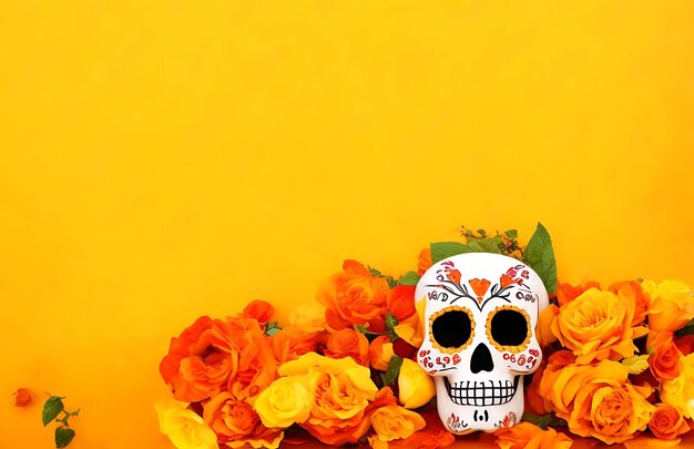 Dia de los Muertos Celebración de Halloween con calavera de azúcar y fondo de flores