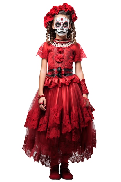 Foto día de los muertos chica con vestido rojo