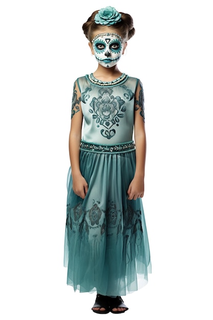 Foto día de los muertos chica con vestido verde azulado