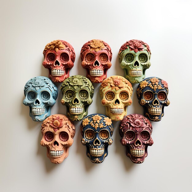día de los muertos collage de cráneos coloridos