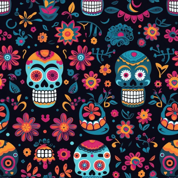 Día de los Muertos a color completo patrón sin costuras ilustración plana generada por IA