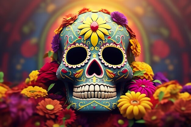 Dia de los Muertos Concepto del Día de Muertos Cráneo mexicano con flores ai generativo