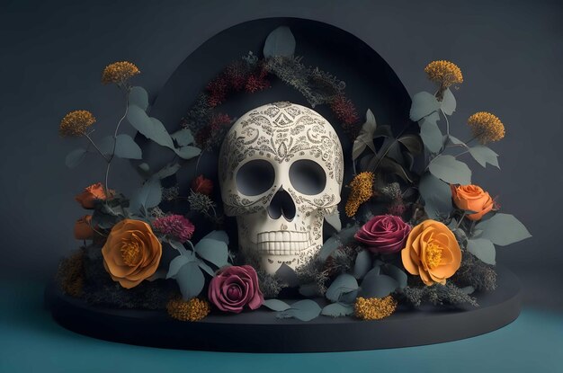 Foto día de los muertos cráneo altar papel estilo de arte ai generado