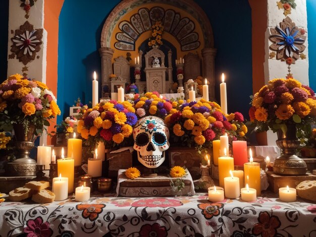 Foto día de los muertos cráneo de azúcar con velas pan y flores decoración del altar