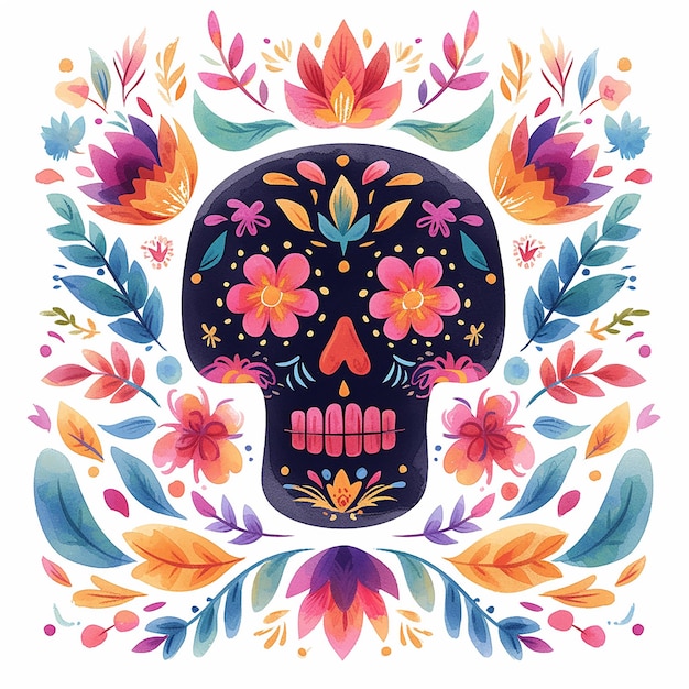 Día de los muertos cráneo colorido con flores y hojas que lo rodean