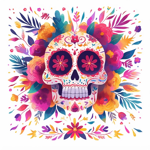 Día de los muertos cráneo colorido con flores y hojas que lo rodean