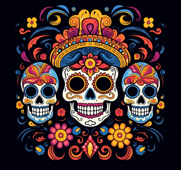 Foto dia de los muertos cráneo mexicano elementos ilustrados planos para carteles tarjetas estandartes impresiones