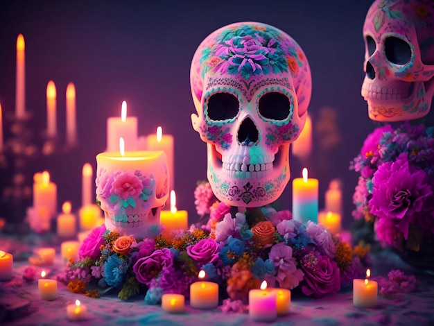 Foto día de los muertos cráneo pintado en pastel suave cabeza de vela flor de altar fondo generativo ai iluminación de día cinematográfica