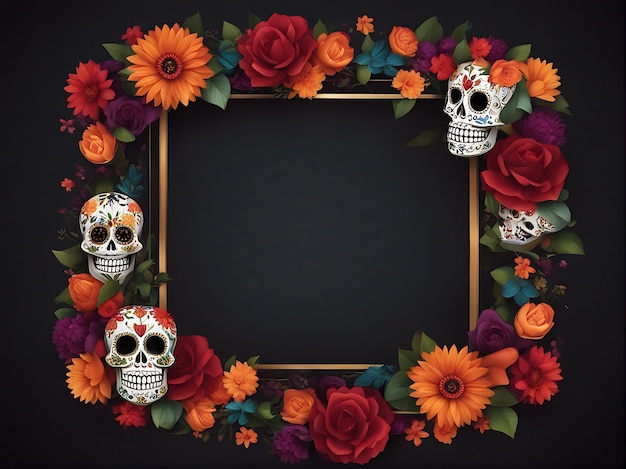 Dia De Los Muertos Día del marco muerto fondo con calaveras de azúcar e ilustración de flores