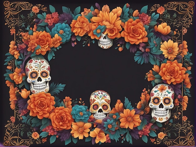 Dia De Los Muertos Día del marco muerto fondo con calaveras de azúcar e ilustración de flores