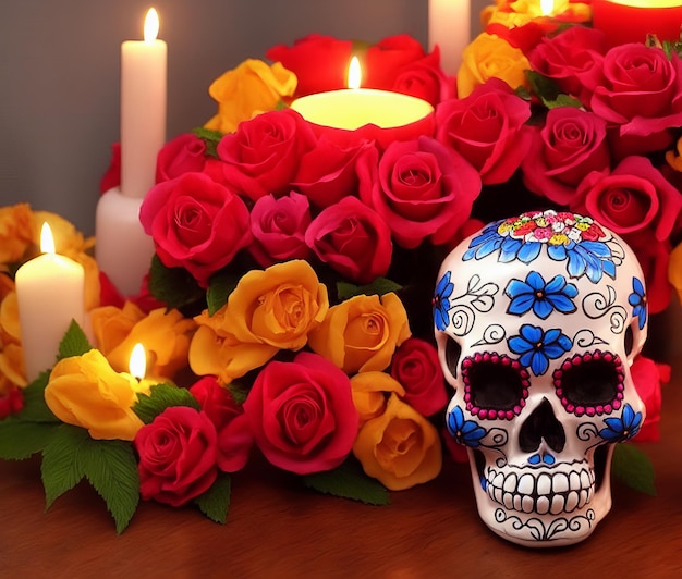 Dia de los muertos día mexicano de la composición de la mesa muerta con calaveras, velas, flores.