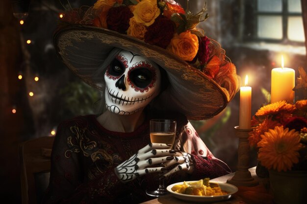 Dia de los muertos Día de la Muerta Mujer con maquillaje de cráneo de azúcar AI Generado