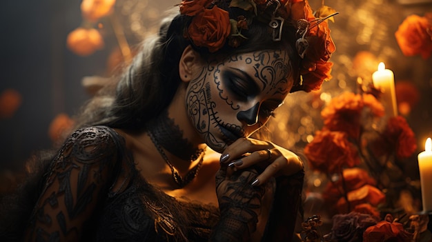 Día de los muertos dia de muertos un día festivo en honor a los muertos las almas de los familiares fallecidos visitan el hogar calaveras esqueletos maquillaje de Halloween venerando a los muertos creativamente hermoso