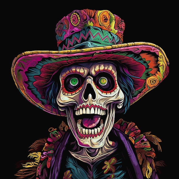 Dia de Muertos Día de muertos esqueleto ornamental en sombrero cartel mexicano de Halloween
