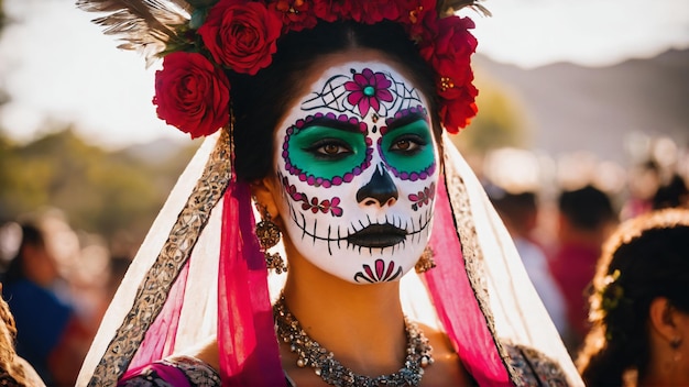 Dia de los muertos Día de los Muertos Mujer con maquillaje de calavera de azúcar Generado con IA