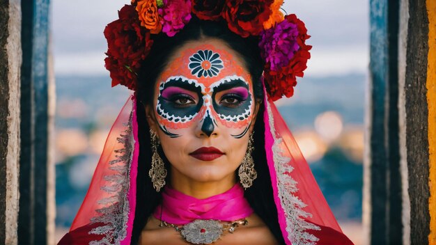 Dia de los muertos Día de los Muertos Mujer con maquillaje de calavera de azúcar Generado con IA