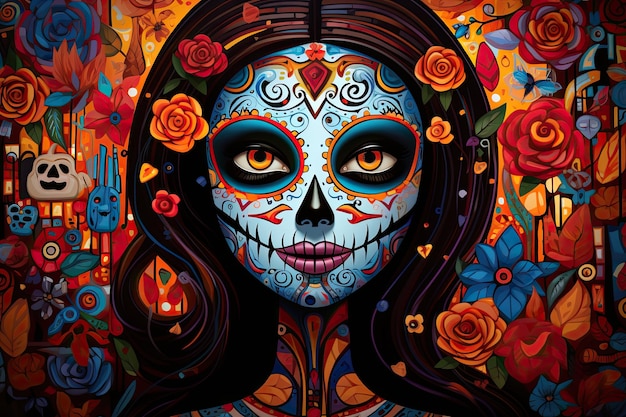 Dia de los Muertos en estilo pop art y fondo negro estilo grunge