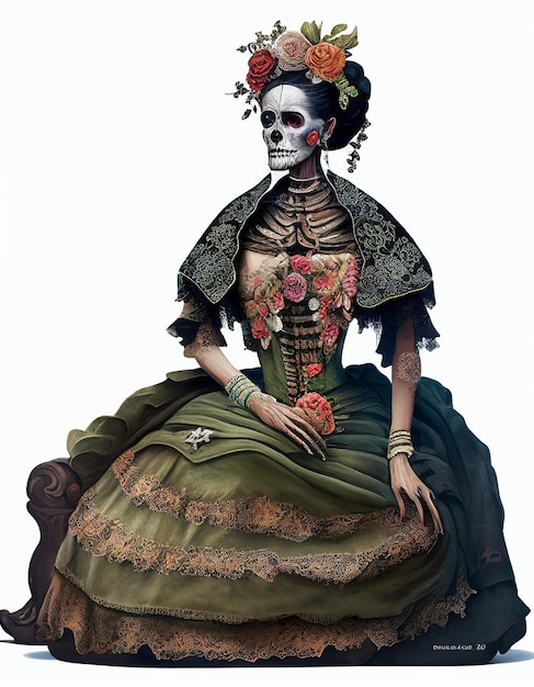 día de muertos estilo renacentista pintura frida kahlo cuerpo completo aislado fondo blanco 2