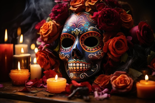 Día de muertos, fiesta popular mexicana, símbolo del cráneo con decoración