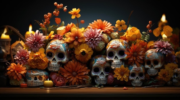 Foto día de los muertos de fondo con adornos florales y calaveras para pancartas o carteles