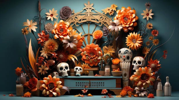 Foto día de los muertos de fondo con adornos florales y calaveras para pancartas o carteles