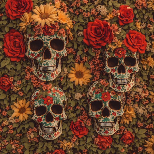 Foto día de los muertos fondo de cráneo con flores ai