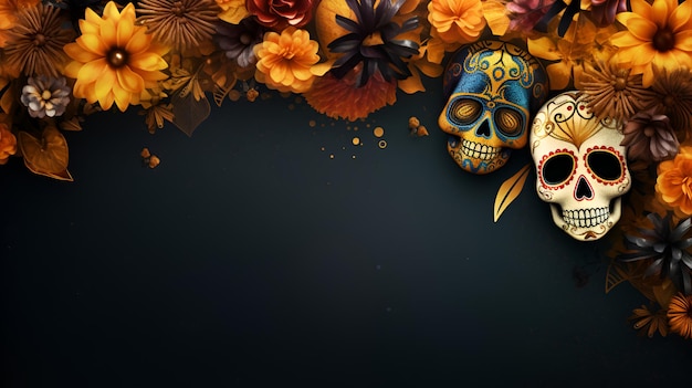 Día de los muertos fondo oscuro con calavera tradicional y flores naranjas Banner de vacaciones con calavera de azúcar dia de los muertos para cartel postal invitación de saludo del sitio web Espacio de copia AI