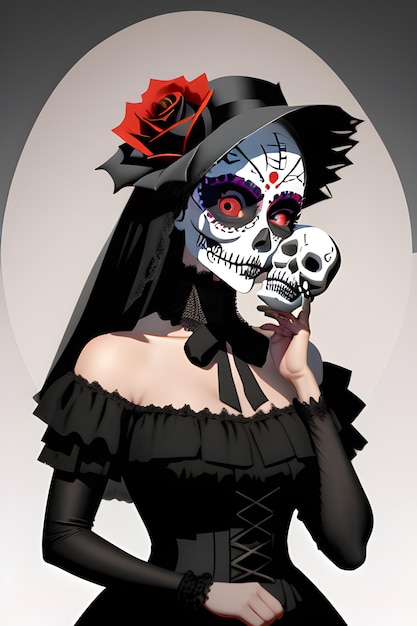 Día de los muertos Halloween Mujer joven en el día de los muertos máscara calavera cara arte y rosas AI Generative Illustration