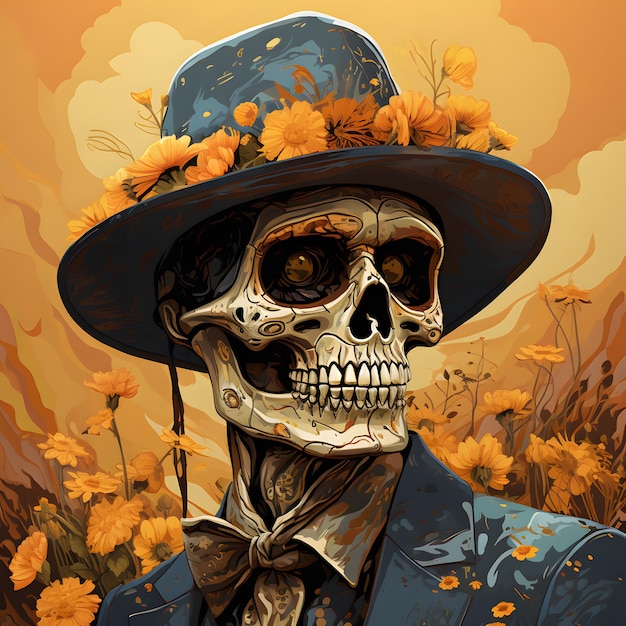 Foto día de los muertos en méxico retrato de un cráneo masculino con un sombrero sobre un fondo amarillo
