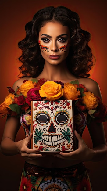 Día de los muertos mujer mexicana con caja de regalo