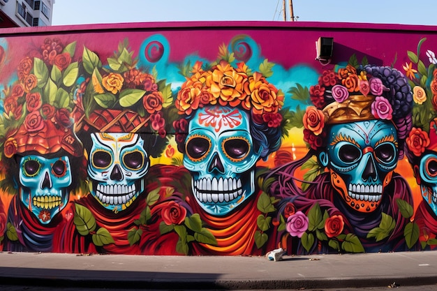 Foto día de los muertos mural de arte callejero en la calle a 00272 01