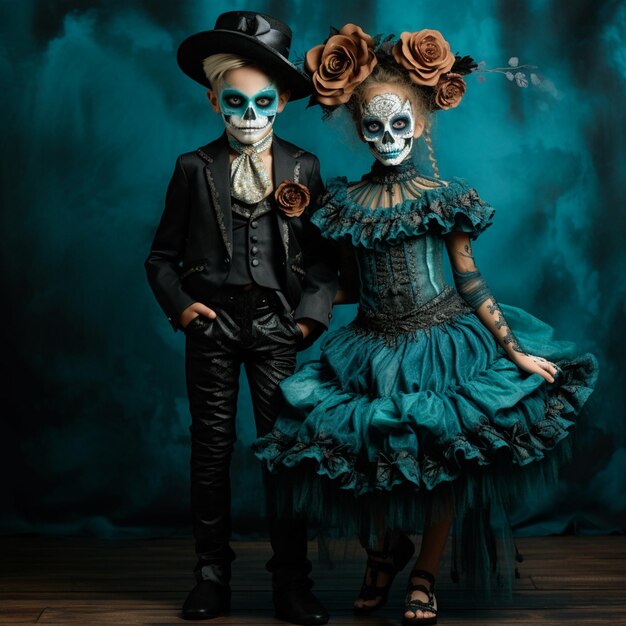 Foto día de muertos niños en verde azulado