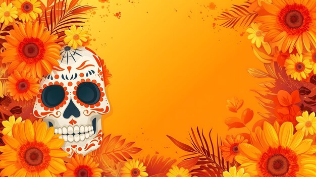 Foto dia de los muertos o día de los muertos bandera de celebración de fondo con calavera roja y amarilla