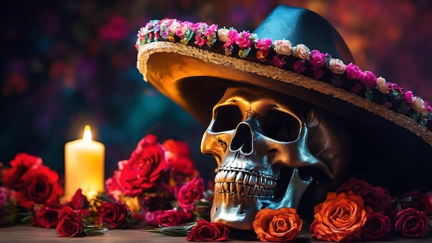 Día de muertos o dia de muertos Calavera 3D con flores Generado con IA