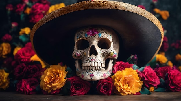 Día de muertos o dia de muertos Calavera 3D con flores Generado con IA