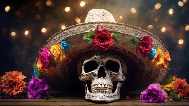 Día de muertos o dia de muertos Calavera 3D con flores Generado con IA