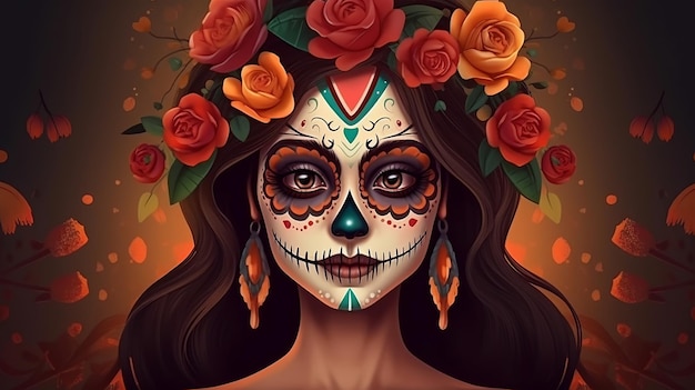 Día de los Muertos o Dia de los muertos con retrato de niña maxican con máscara de carnaval del día de los muertos